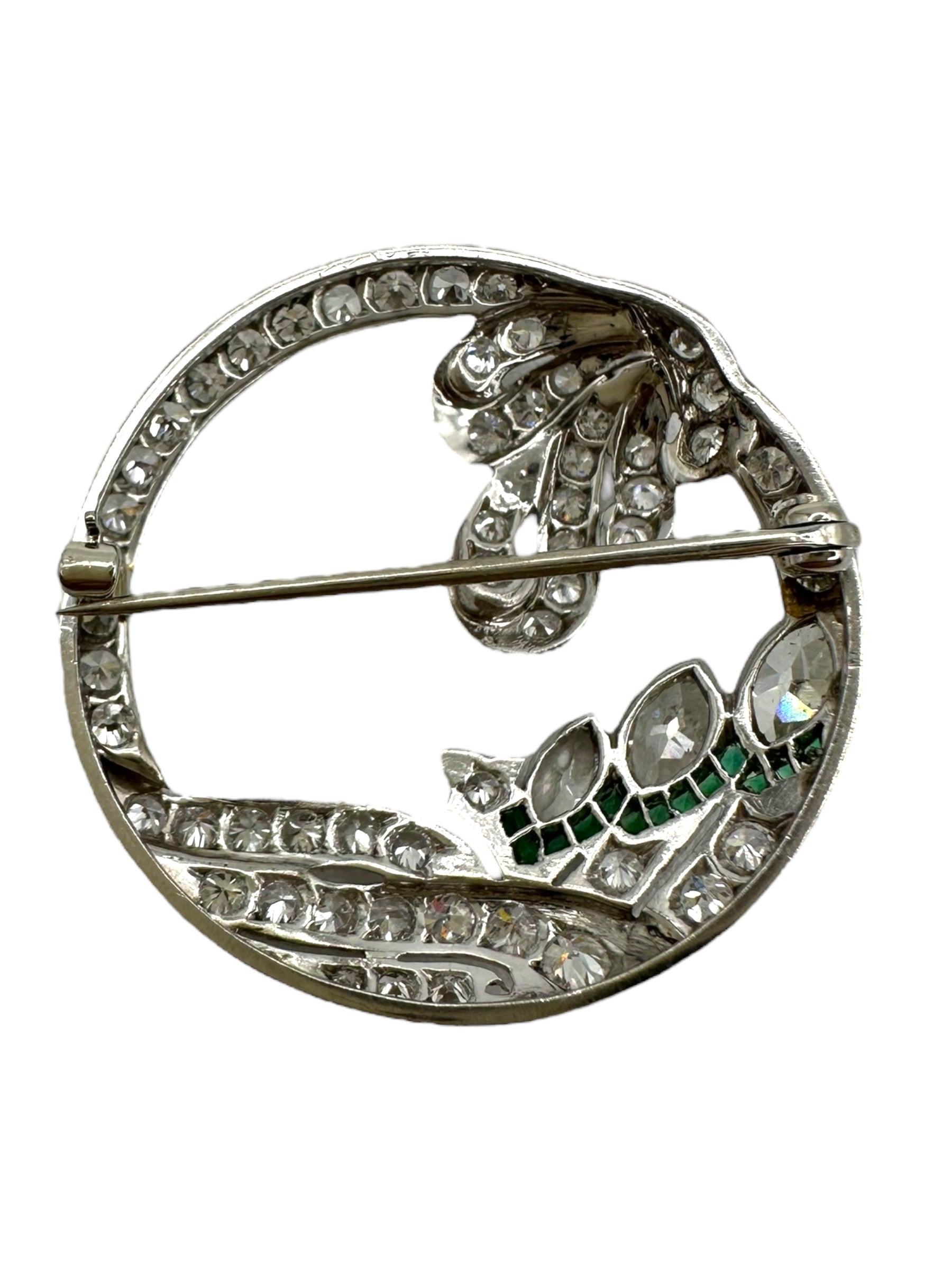 Art Deco Platinum Diamond Emerald Wreath Brooch