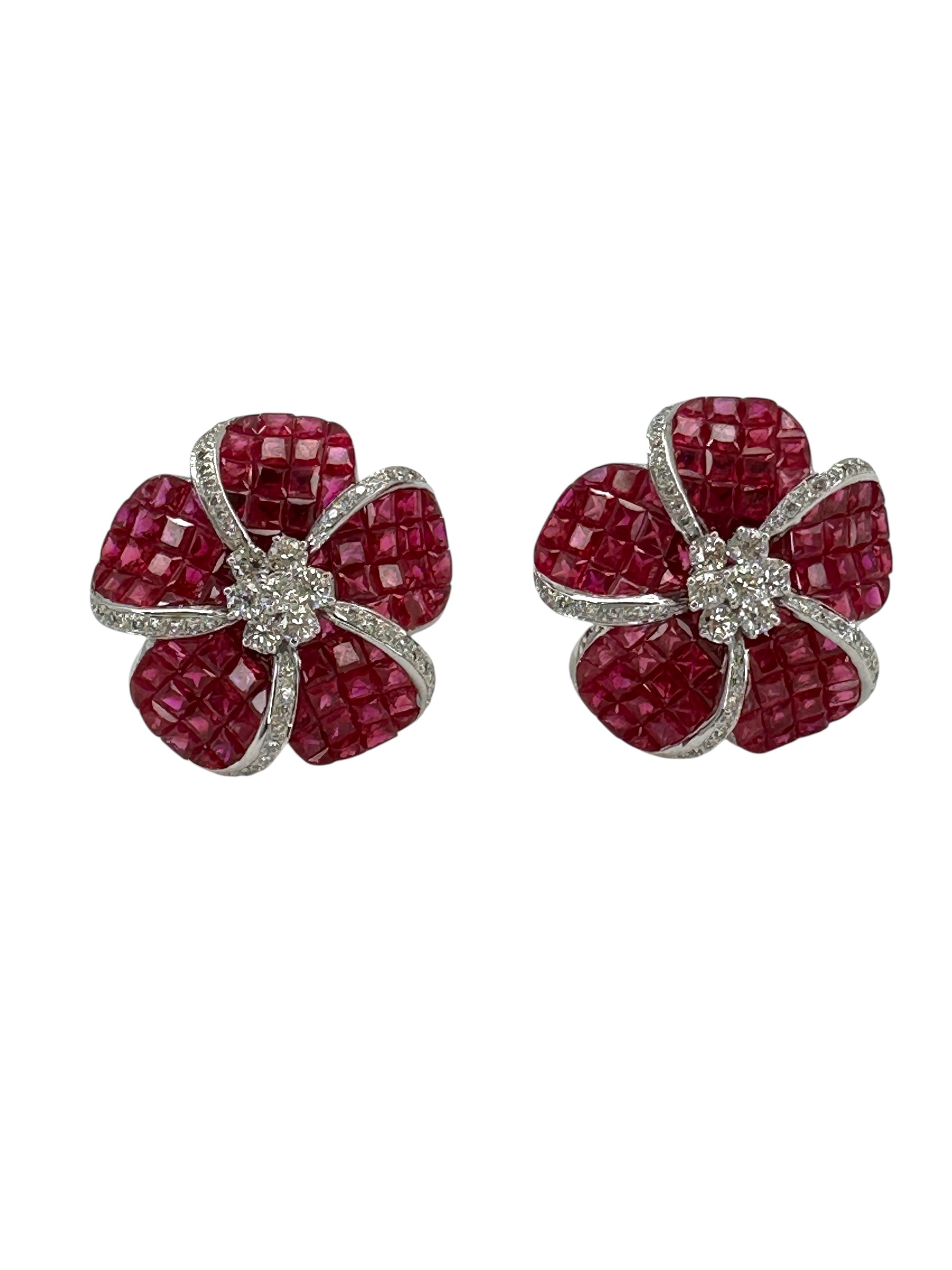 14k Ruby Diamond Flower Earrings