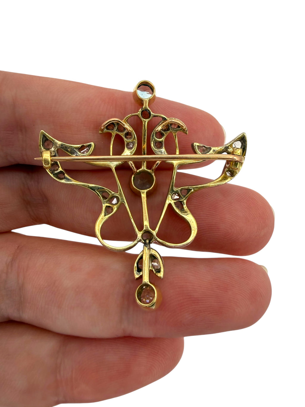 14k Silver Art Nouveau Aquamarine Diamond Brooch