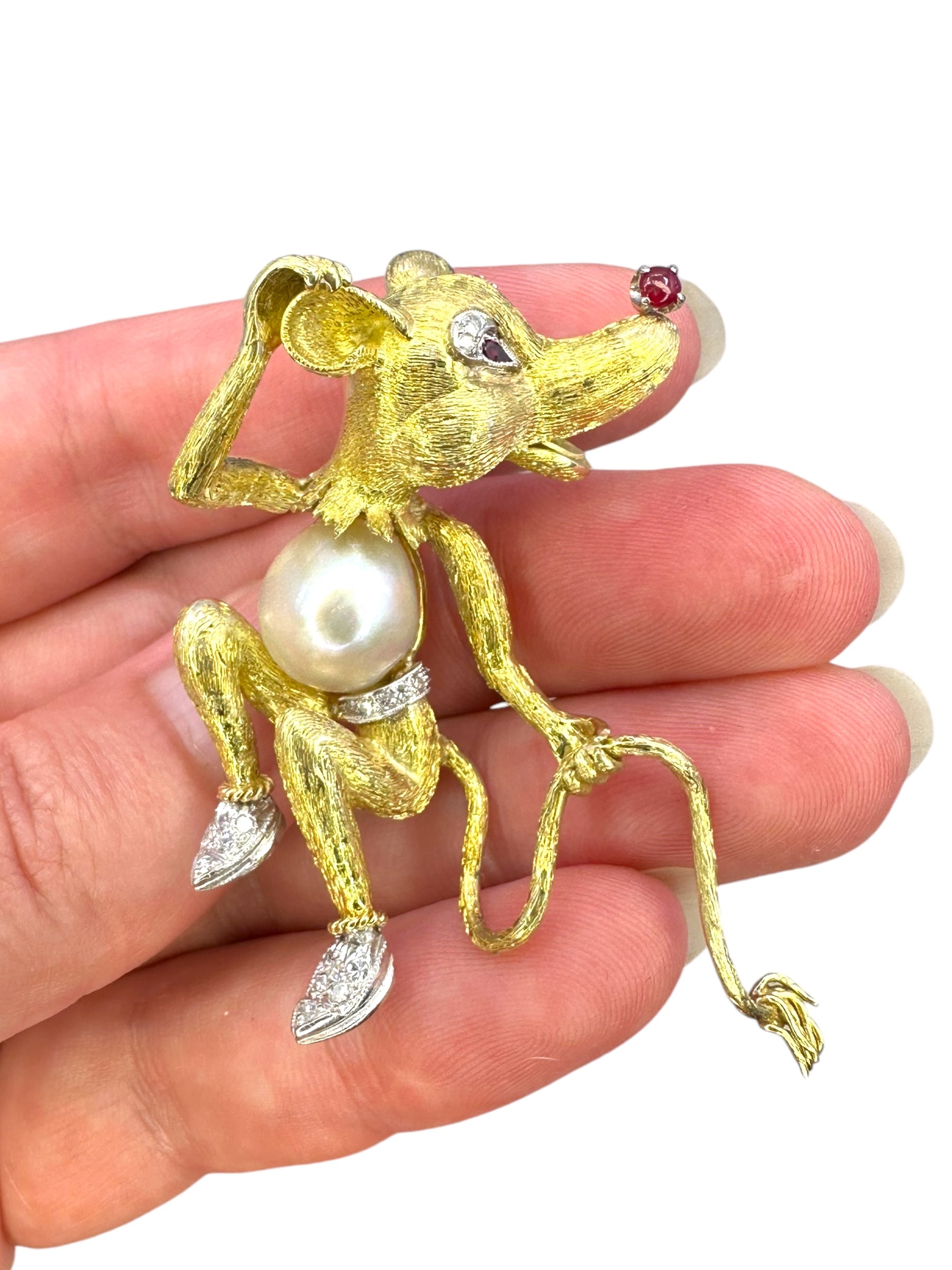 14k Diamond Pearl Ruby Rat Brooch