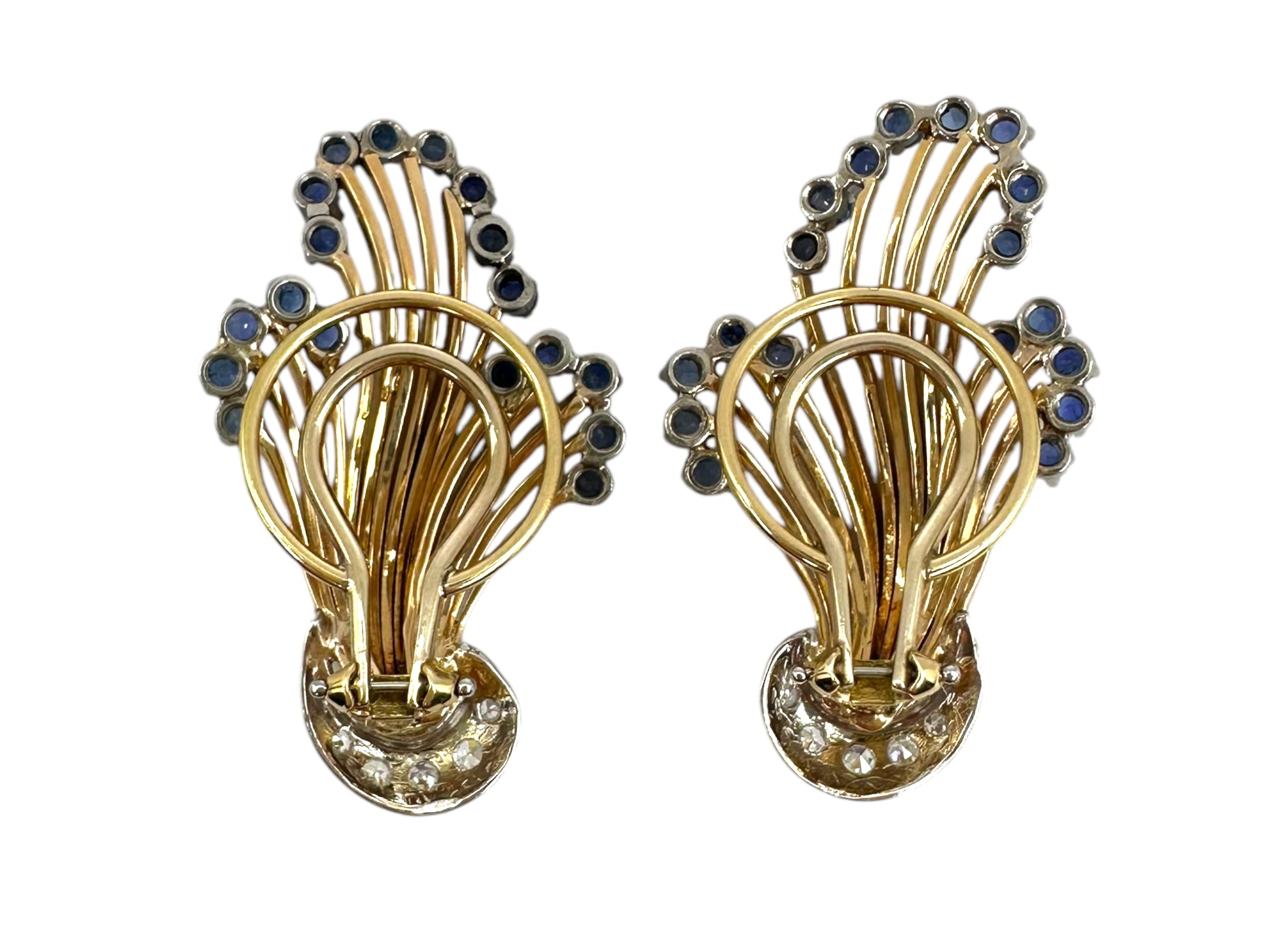 18k Diamond Sapphire Fan Clip on Earrings