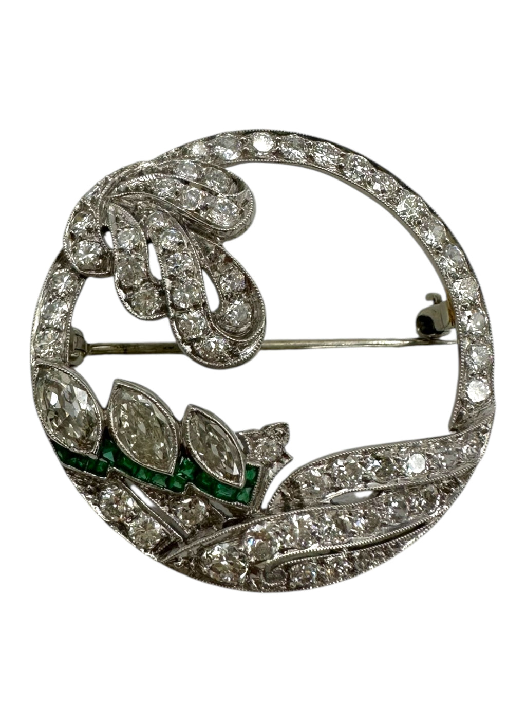 Art Deco Platinum Diamond Emerald Wreath Brooch