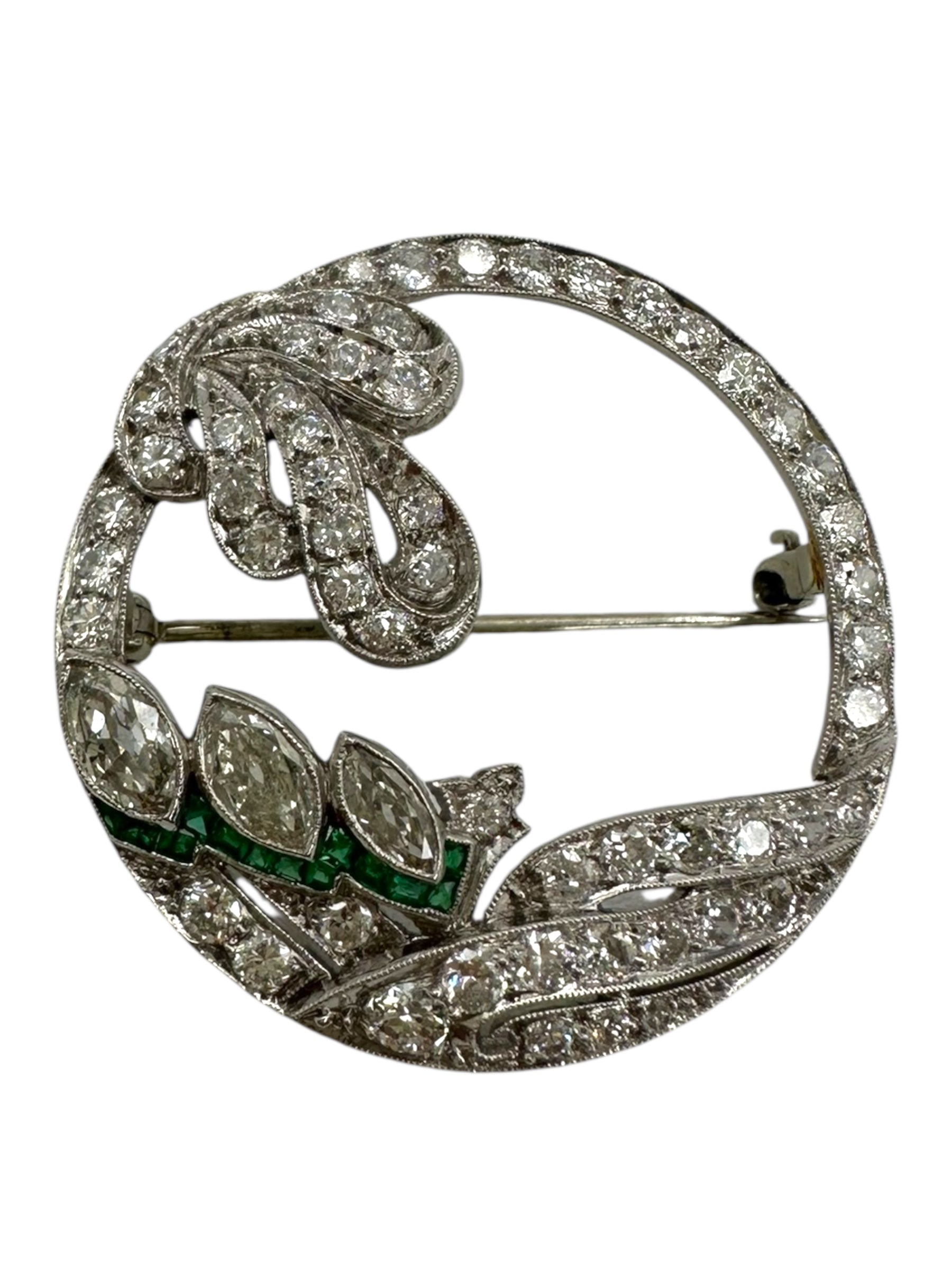 Art Deco Platinum Diamond Emerald Wreath Brooch