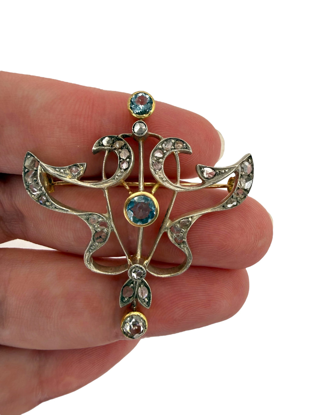 14k Silver Art Nouveau Aquamarine Diamond Brooch