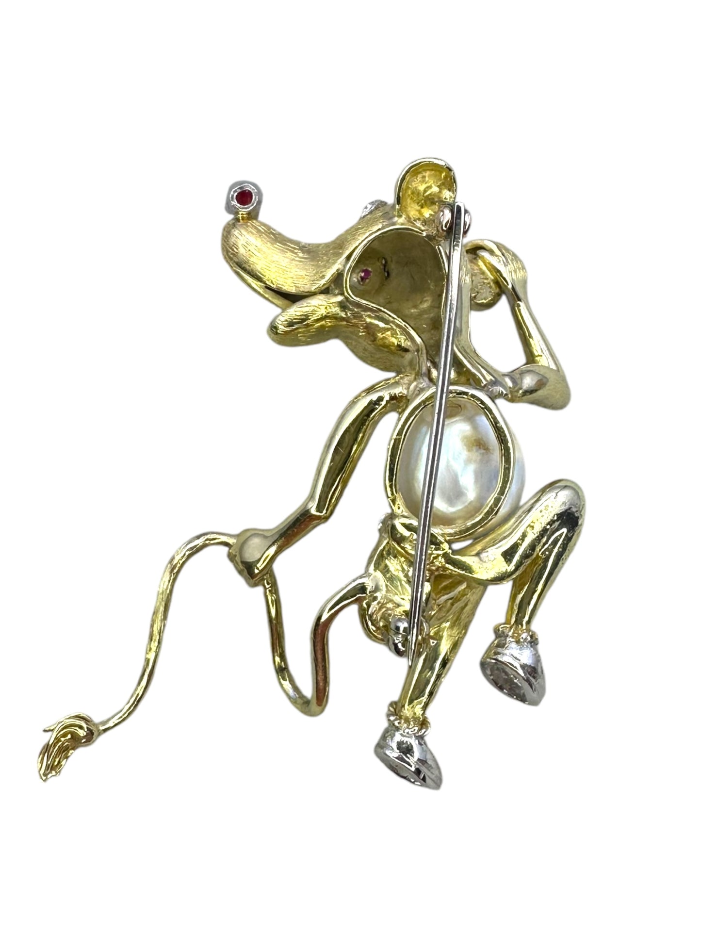 14k Diamond Pearl Ruby Rat Brooch