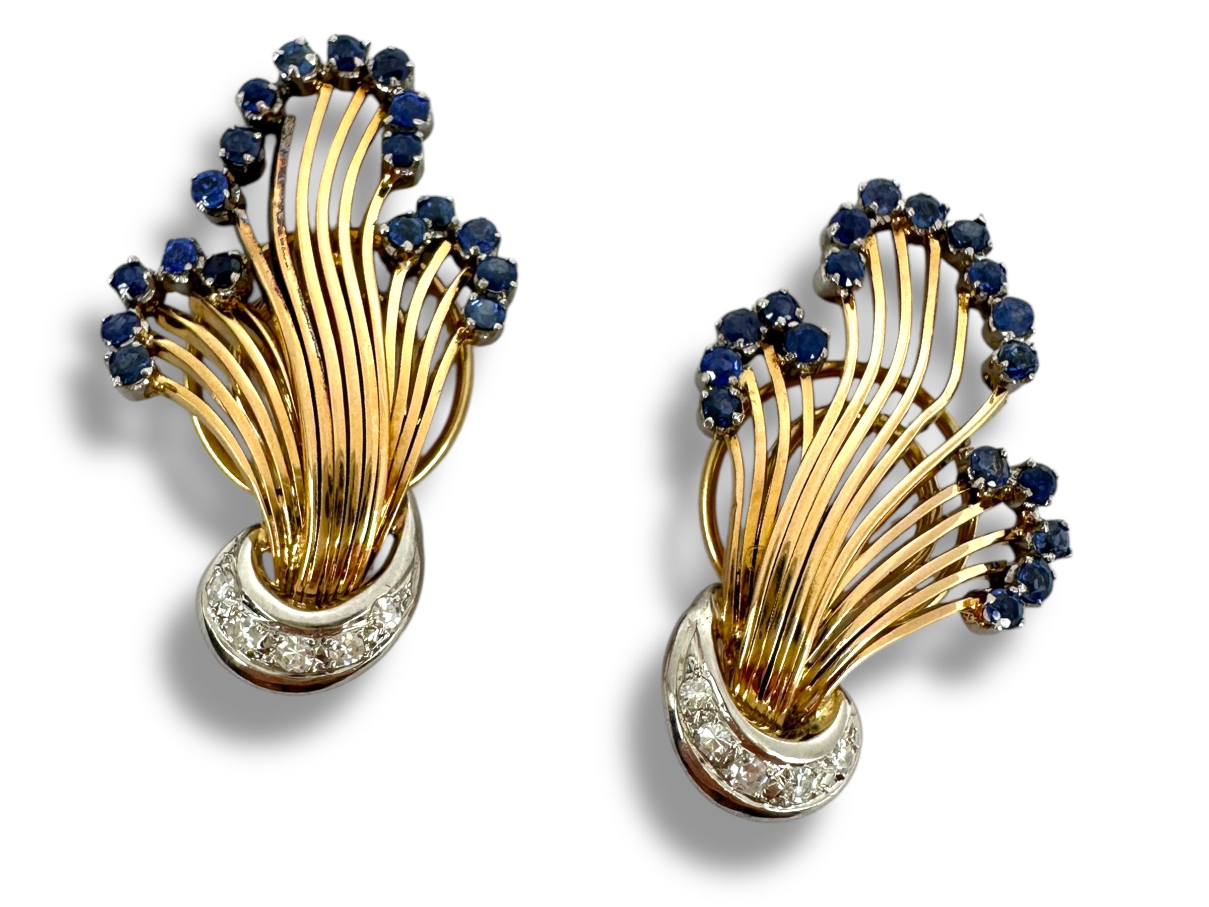 18k Diamond Sapphire Fan Clip on Earrings