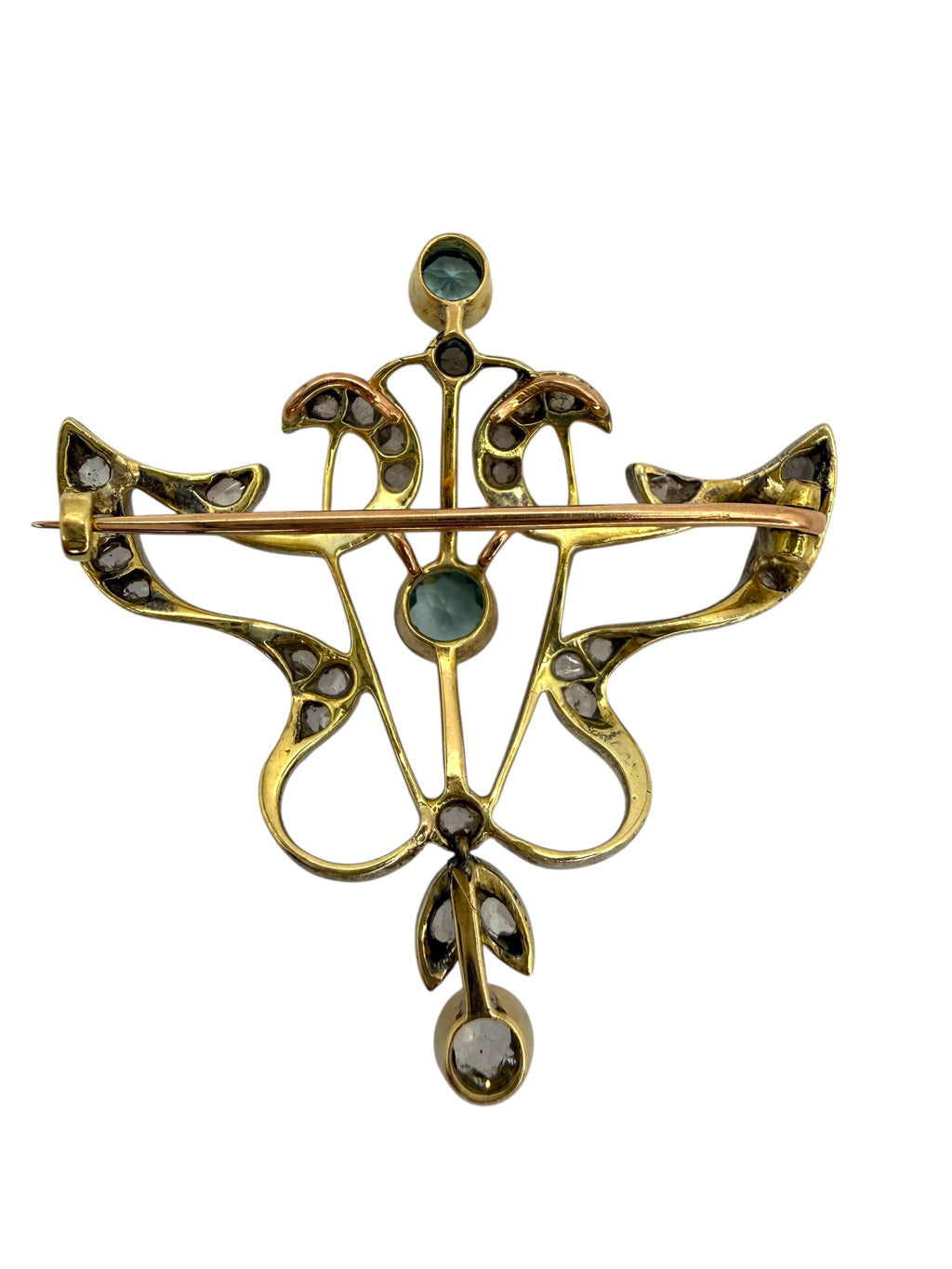 14k Silver Art Nouveau Aquamarine Diamond Brooch