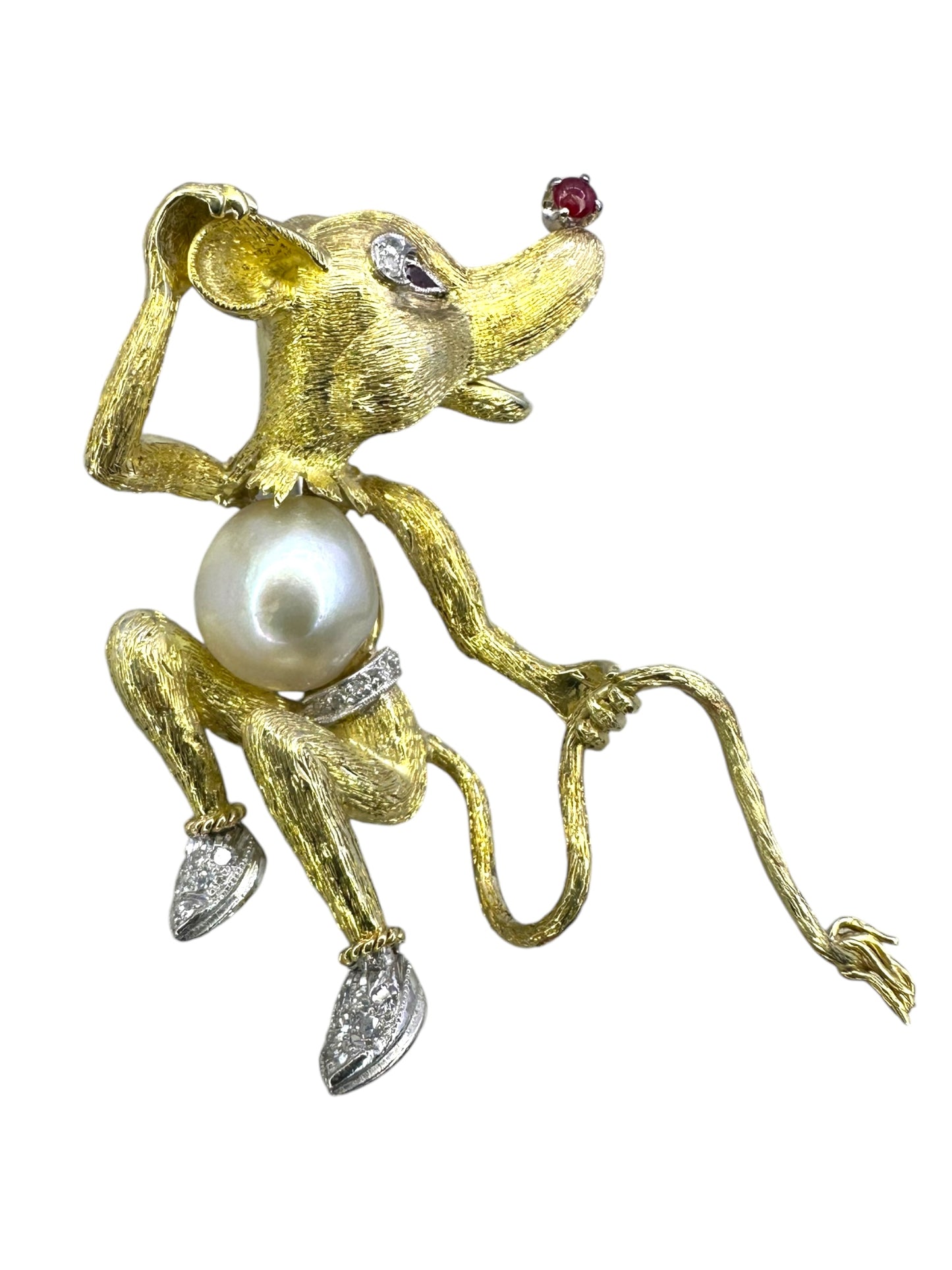 14k Diamond Pearl Ruby Rat Brooch