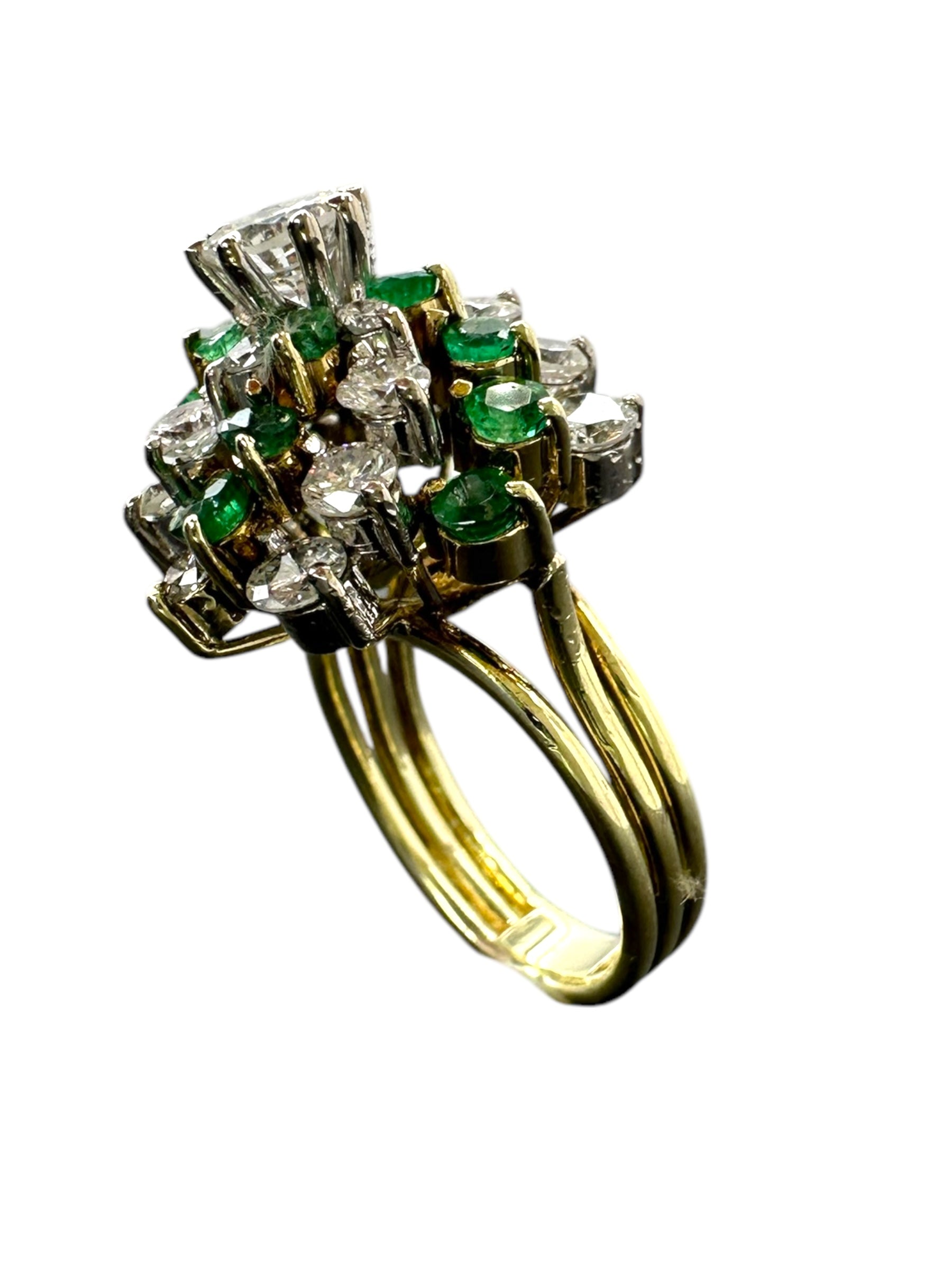 14k Emerald Diamond Swirl Cluster Ring