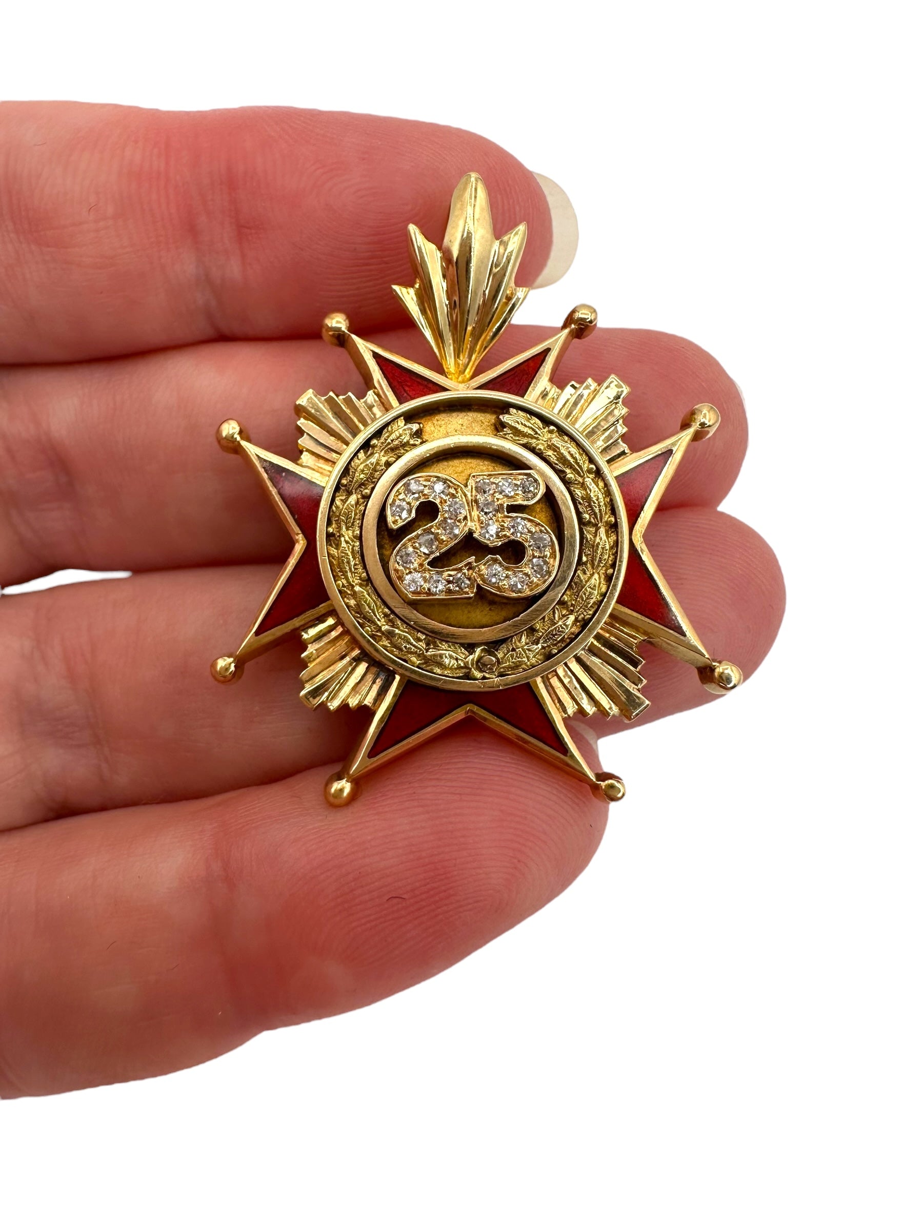 14k Enamel Diamond “25” Medallion Brooch/ Pendant