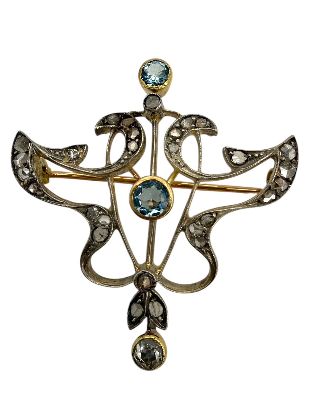 14k Silver Art Nouveau Aquamarine Diamond Brooch