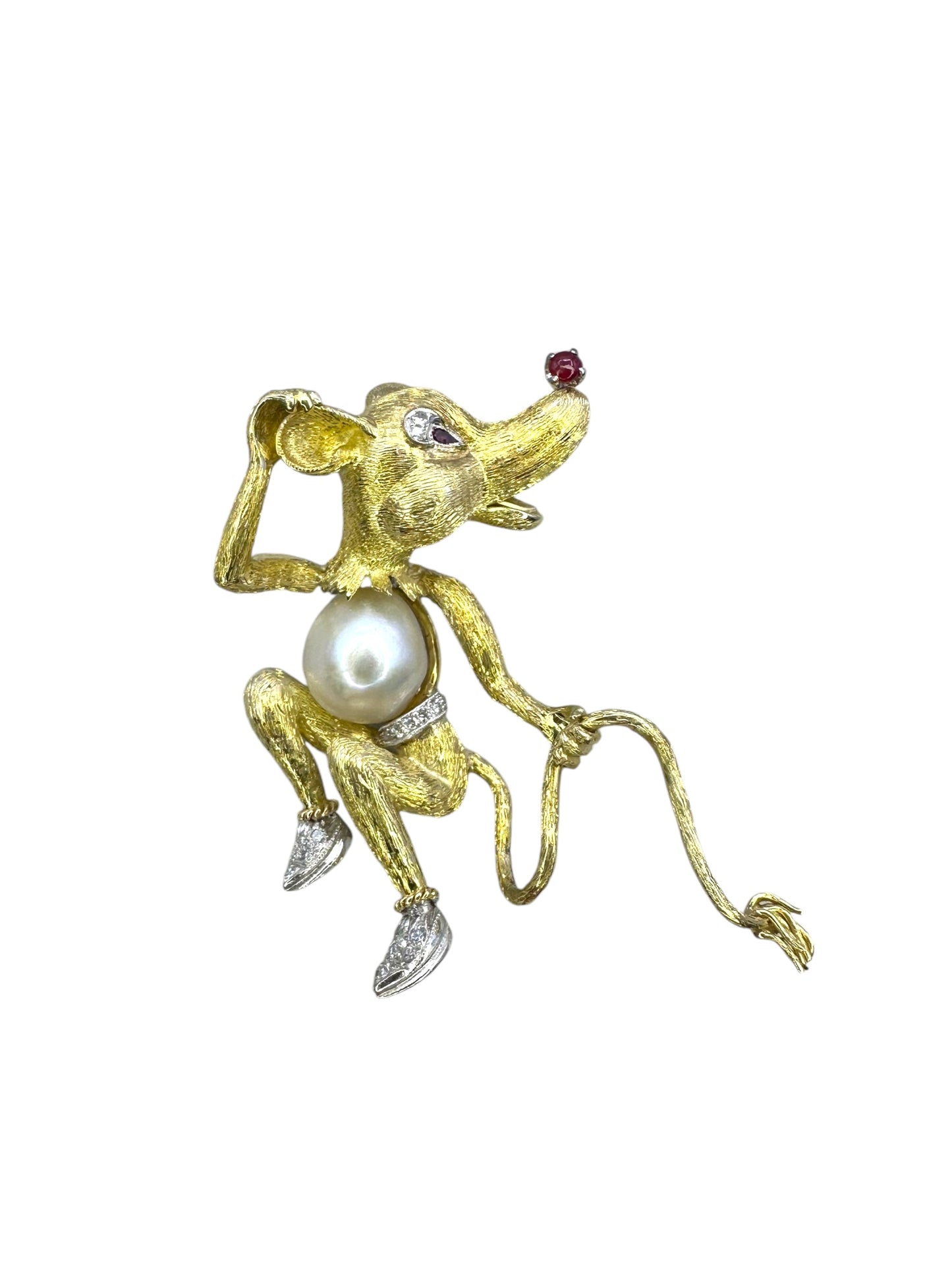 14k Diamond Pearl Ruby Rat Brooch