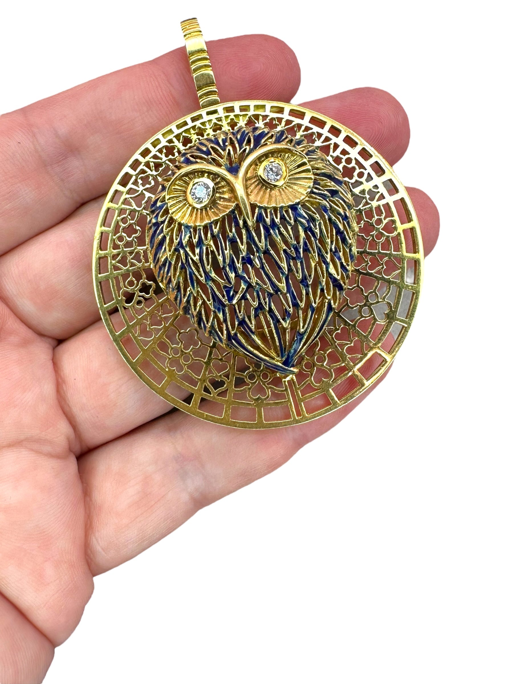 18k Peter Lindeman Enamel Diamond Owl Pendant