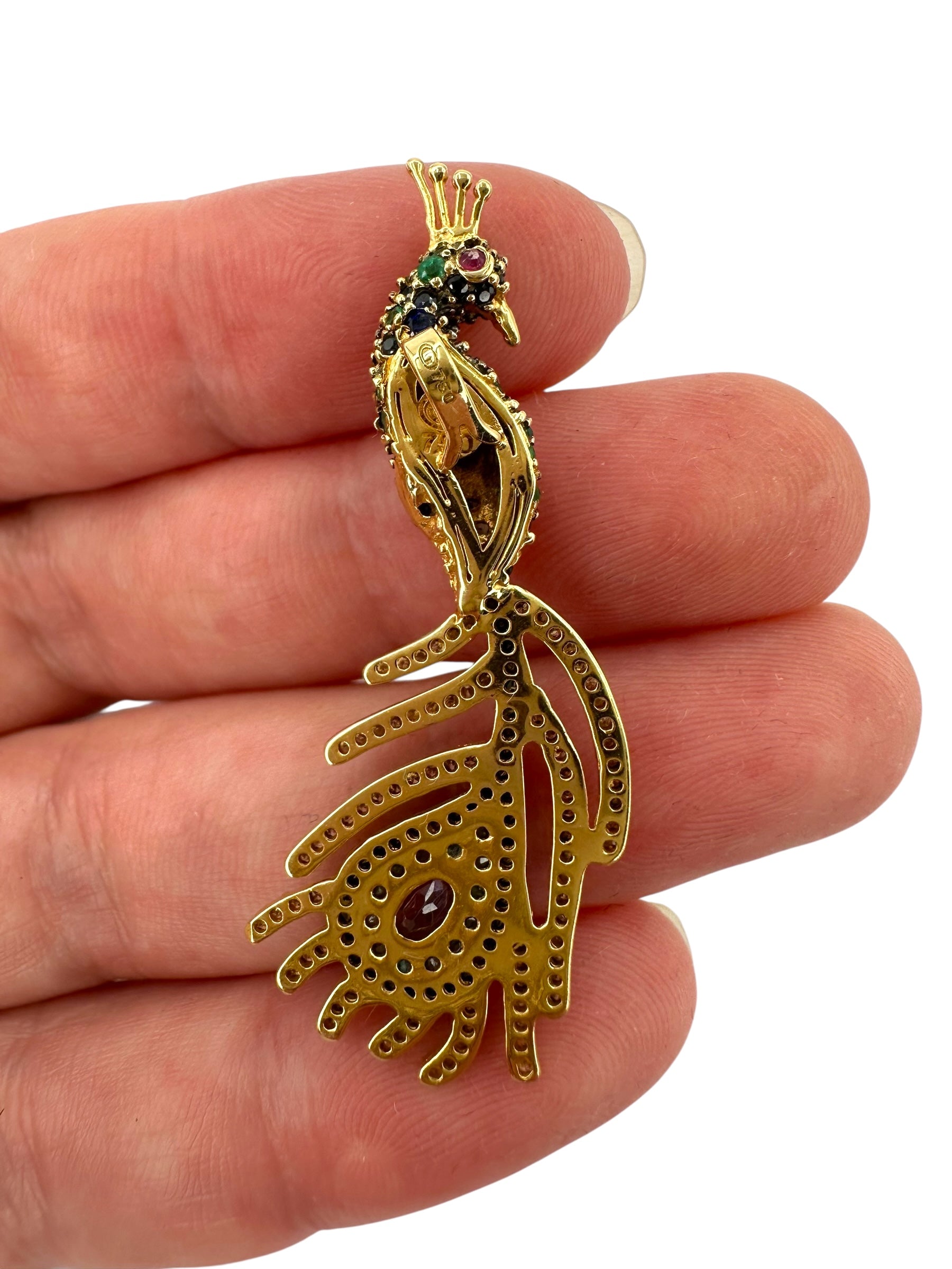18k Sapphire Emerald Diamond Peacock Pendant