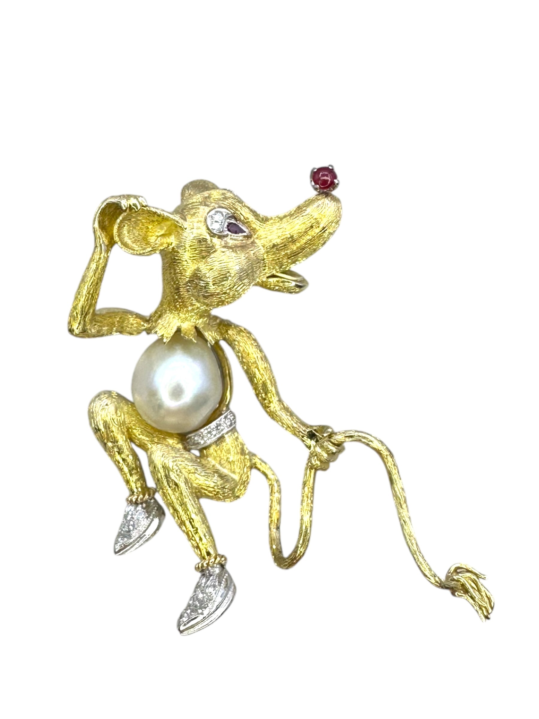 14k Diamond Pearl Ruby Rat Brooch