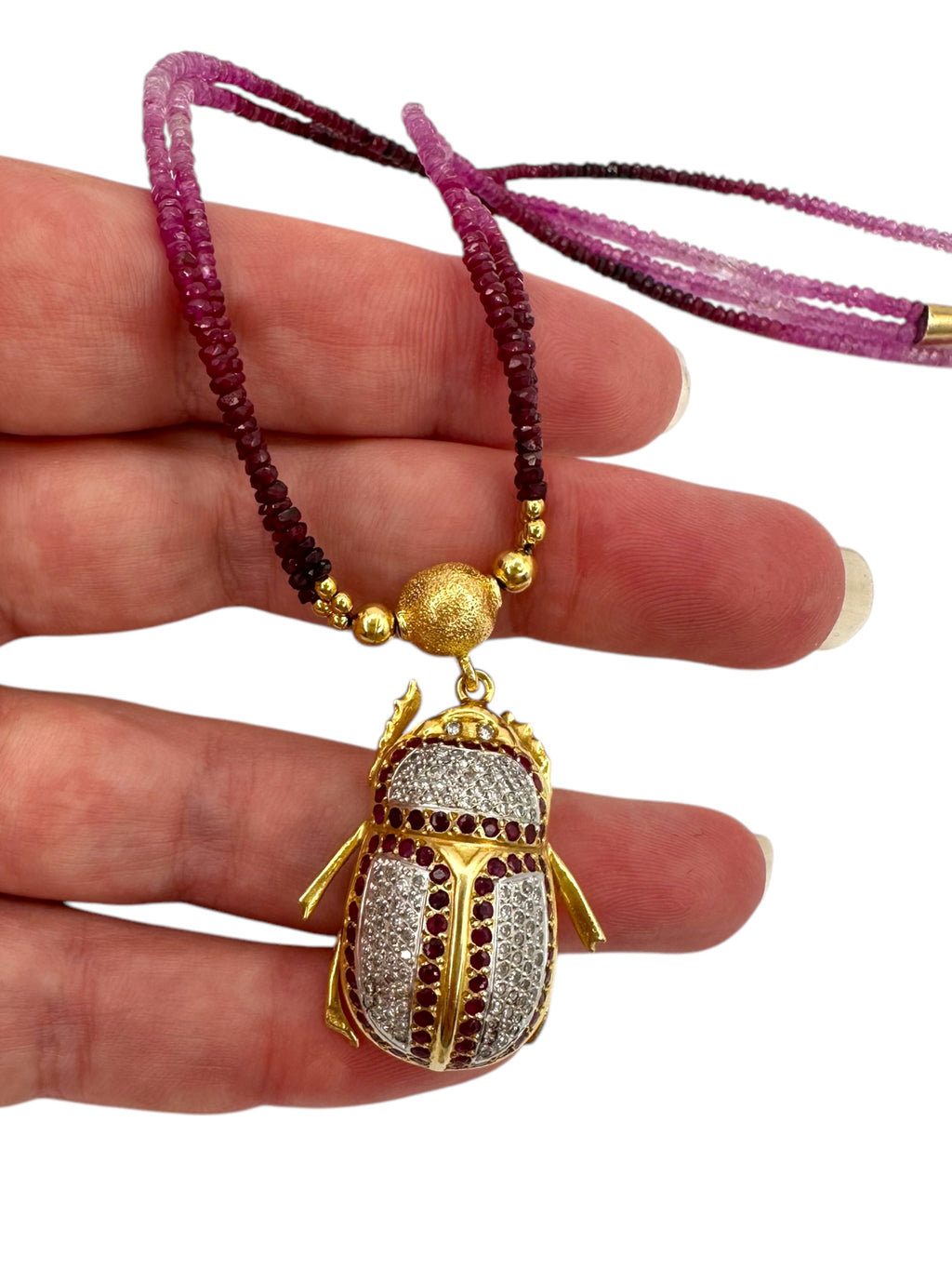 18k Ruby Pink Sapphire Diamond Scarab Necklace