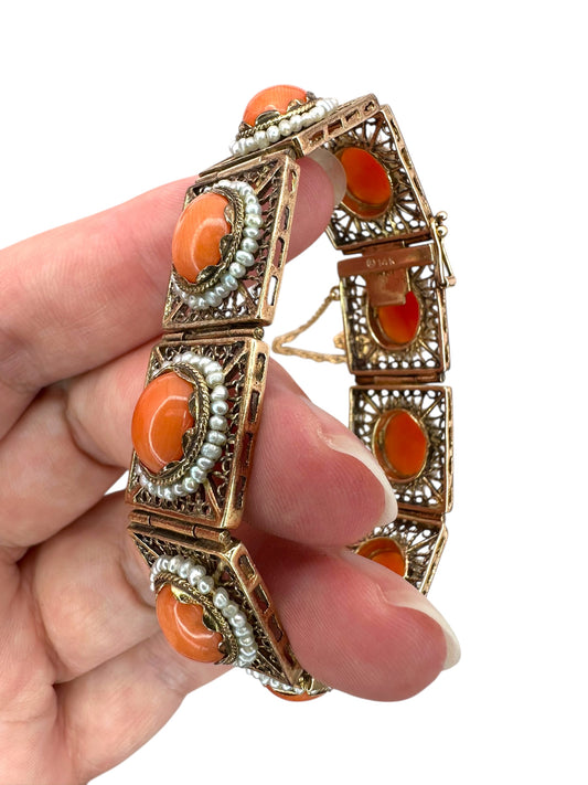 14k Coral Seed Pearl Filigree Bracelet