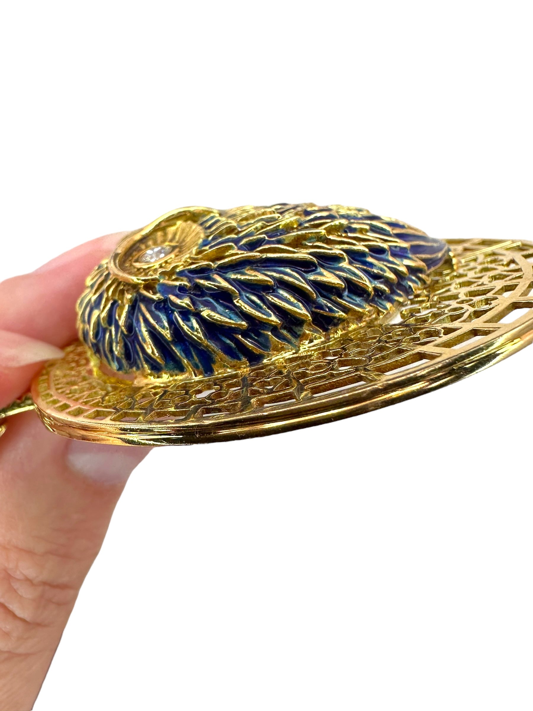 18k Peter Lindeman Enamel Diamond Owl Pendant