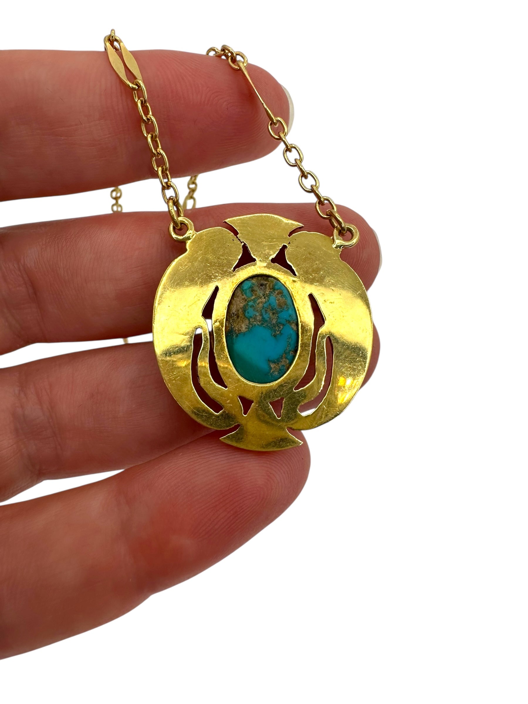 18k Turquoise Egyptian Bird Pendant Necklace