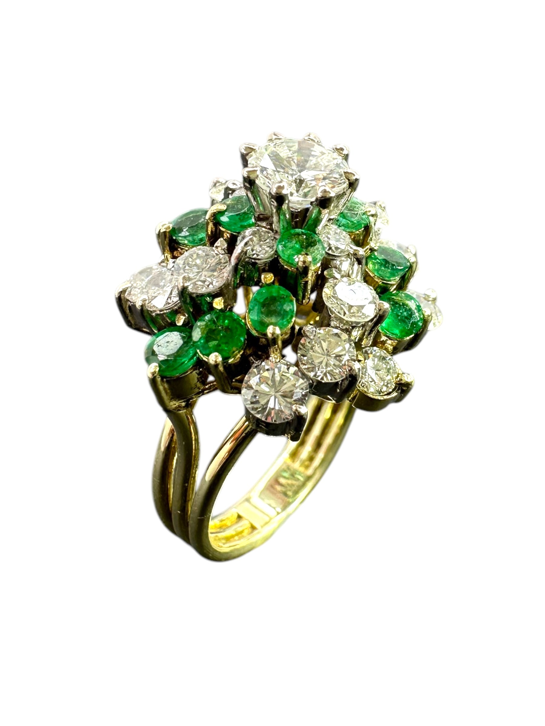 14k Emerald Diamond Swirl Cluster Ring