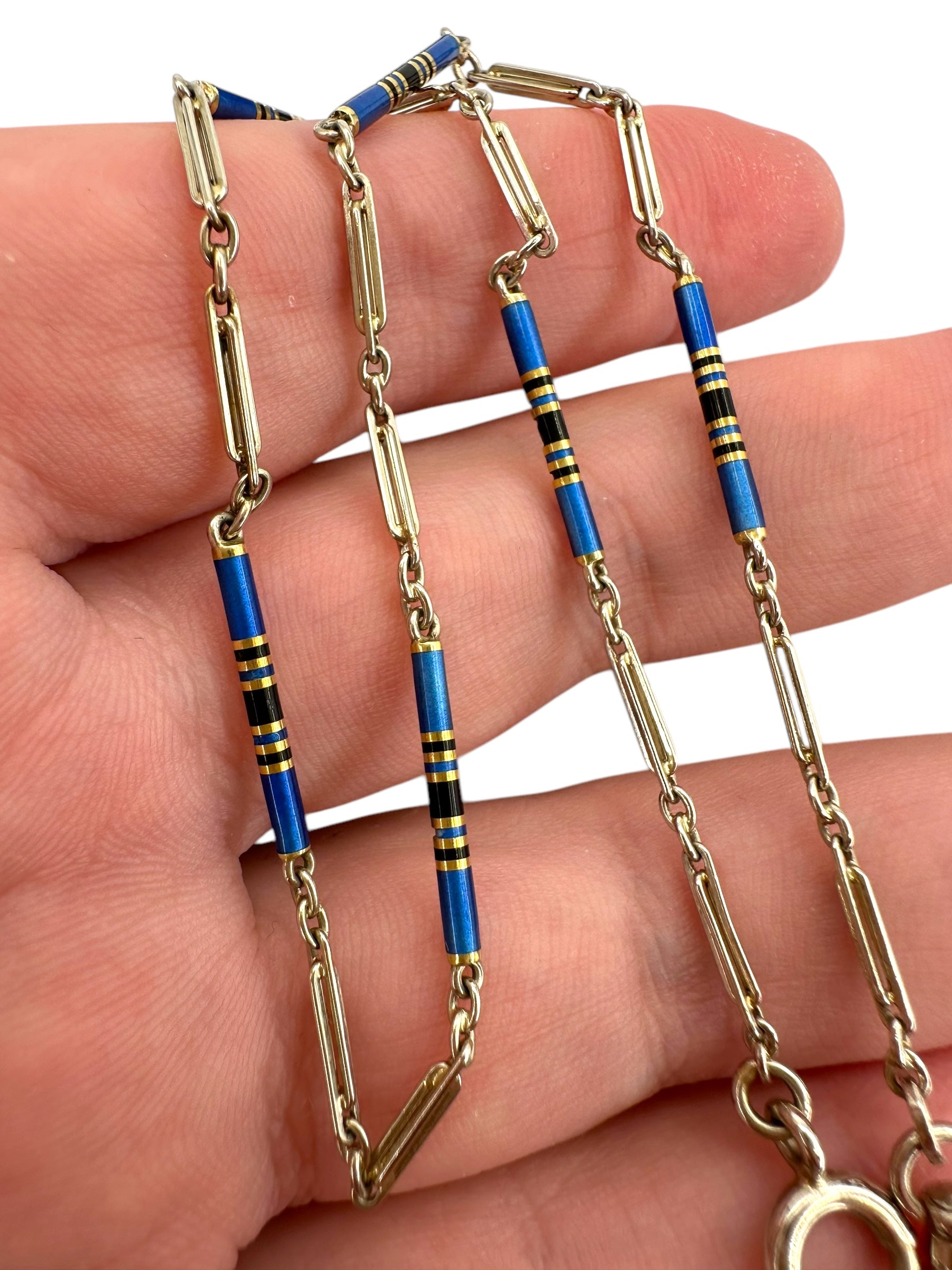 14k White Gold Blue Black Enamel Watch Chain