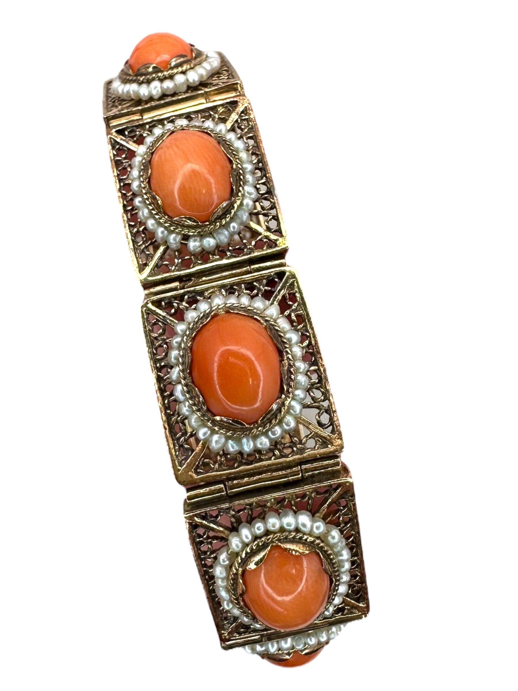 14k Coral Seed Pearl Filigree Bracelet