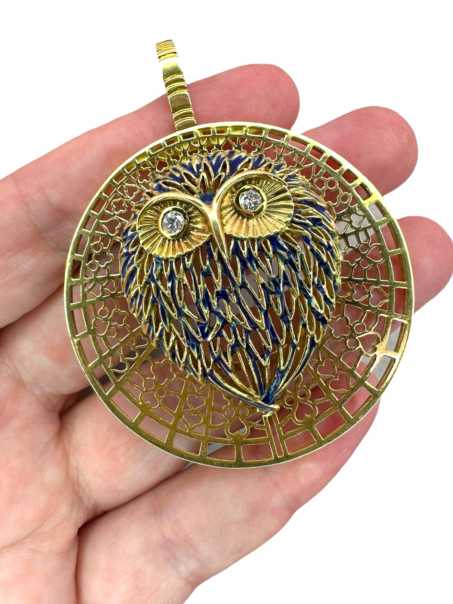 18k Peter Lindeman Enamel Diamond Owl Pendant