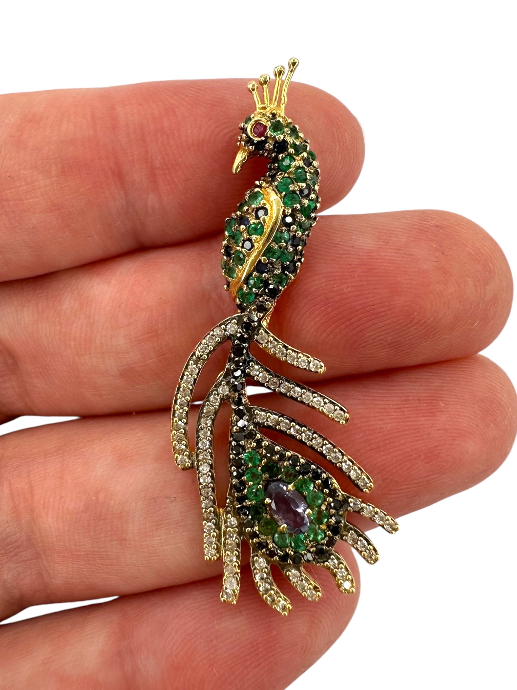 18k Sapphire Emerald Diamond Peacock Pendant