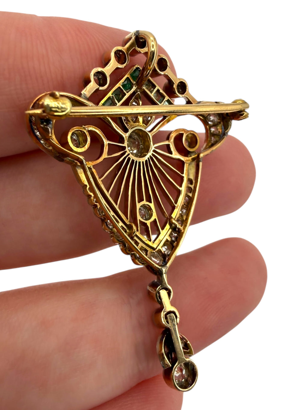 14k Palladium Edwardian Diamond Emerald Brooch