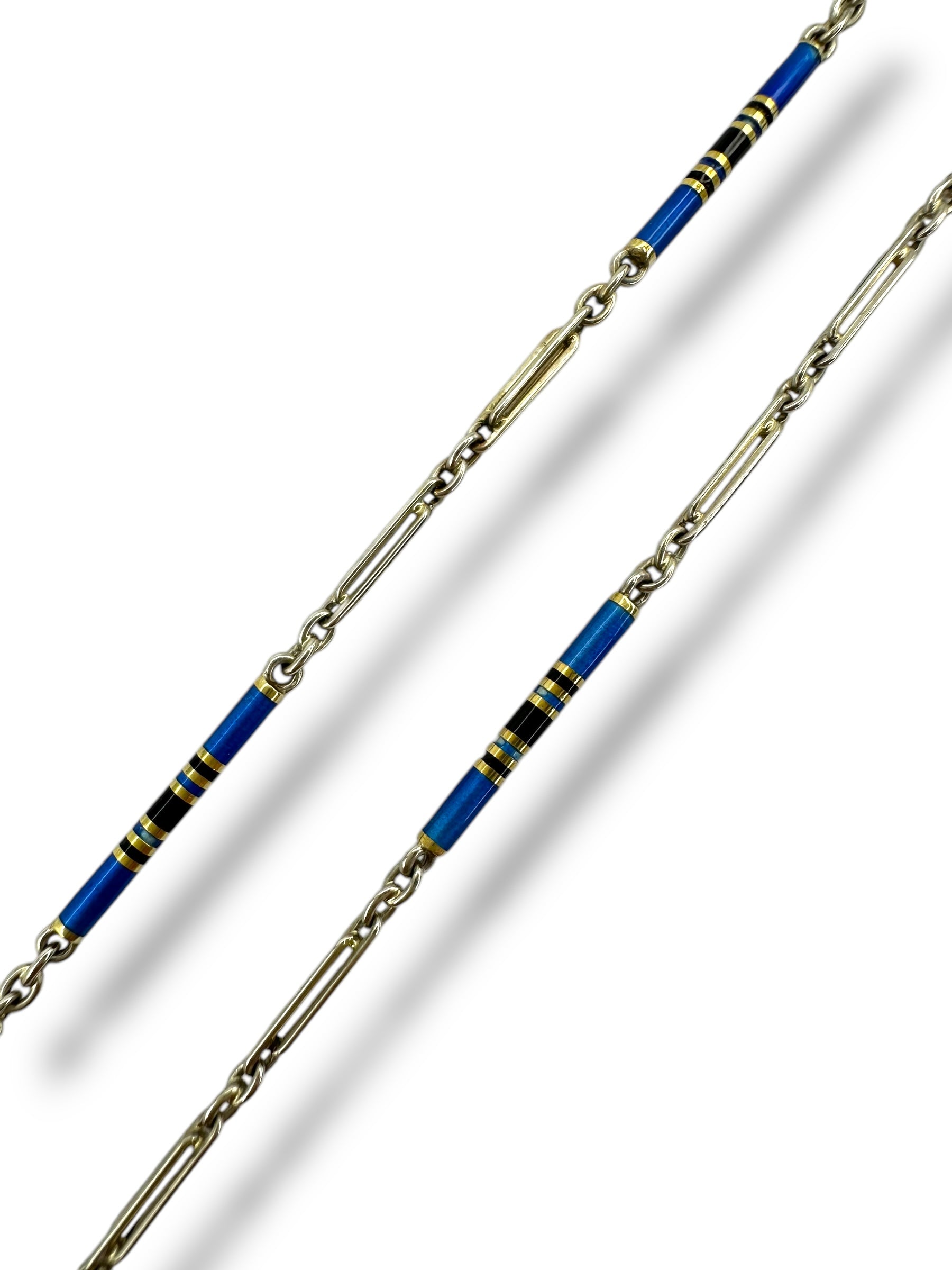 14k White Gold Blue Black Enamel Watch Chain