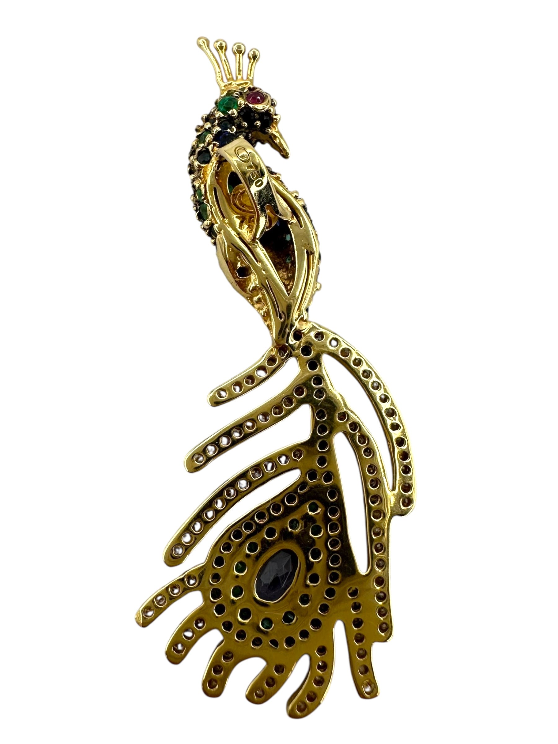 18k Sapphire Emerald Diamond Peacock Pendant