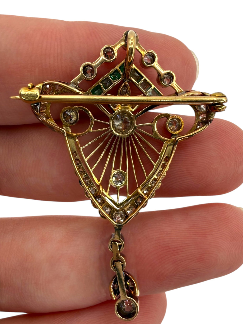 14k Palladium Edwardian Diamond Emerald Brooch