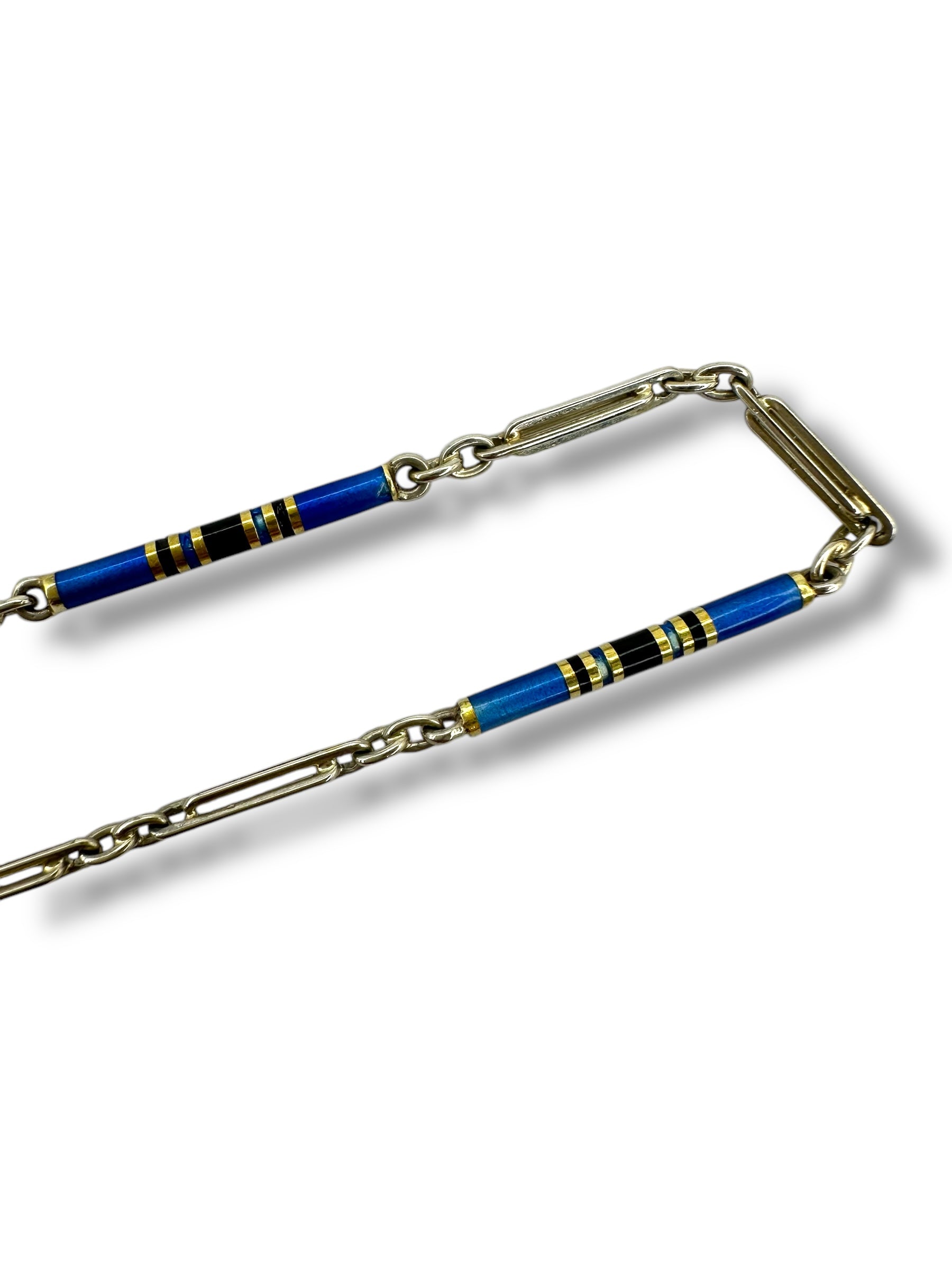 14k White Gold Blue Black Enamel Watch Chain