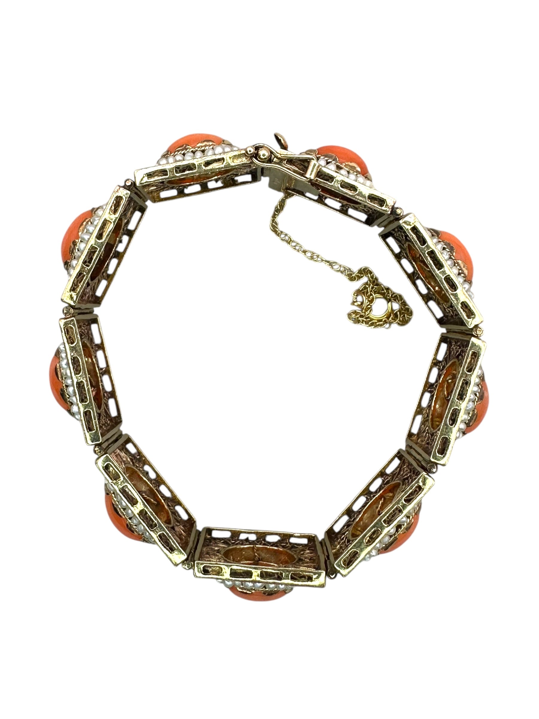 14k Coral Seed Pearl Filigree Bracelet