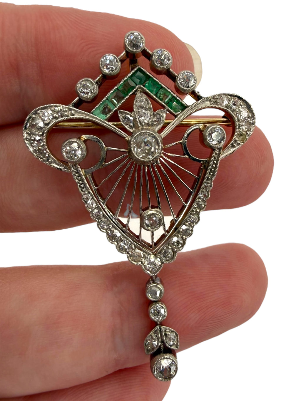 14k Palladium Edwardian Diamond Emerald Brooch