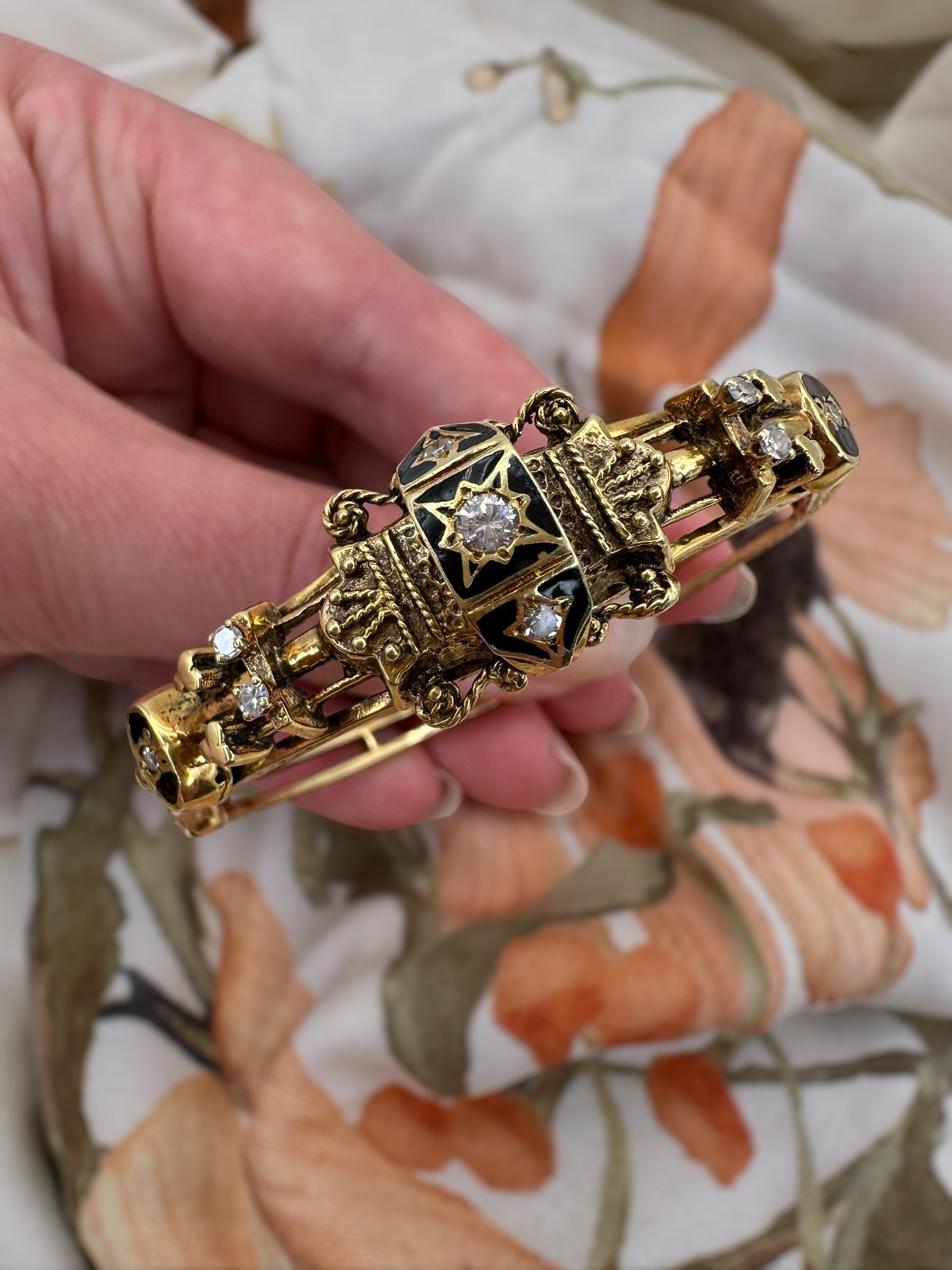 14k Enamel Diamond Victorian Style Bangle Bracelet
