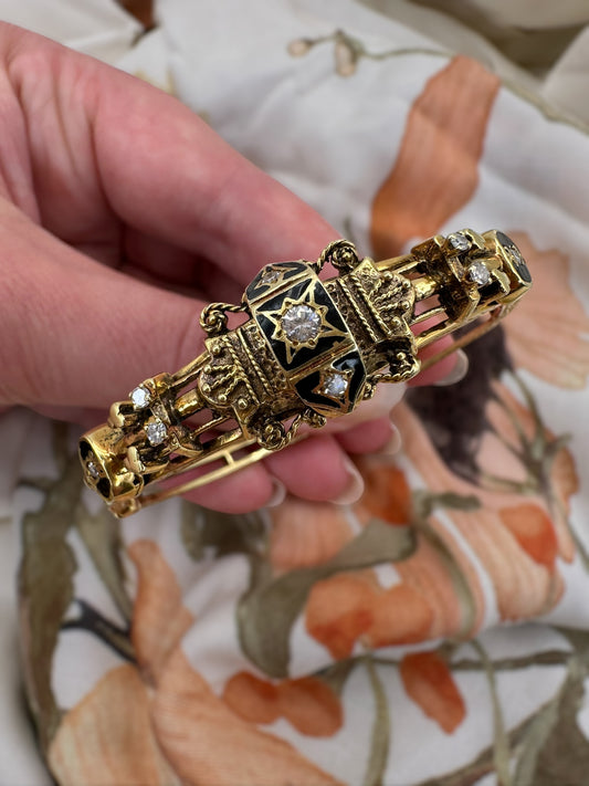 14k Enamel Diamond Victorian Style Bangle Bracelet