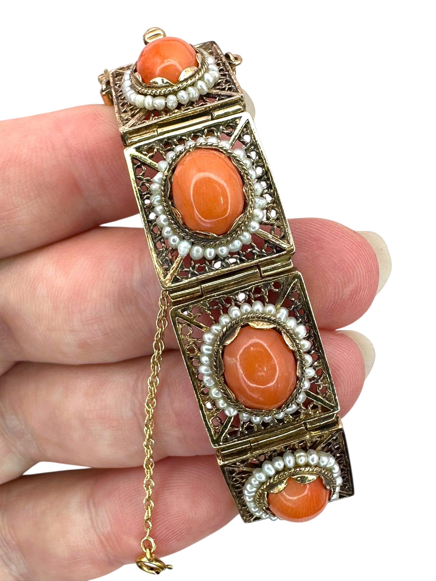 14k Coral Seed Pearl Filigree Bracelet