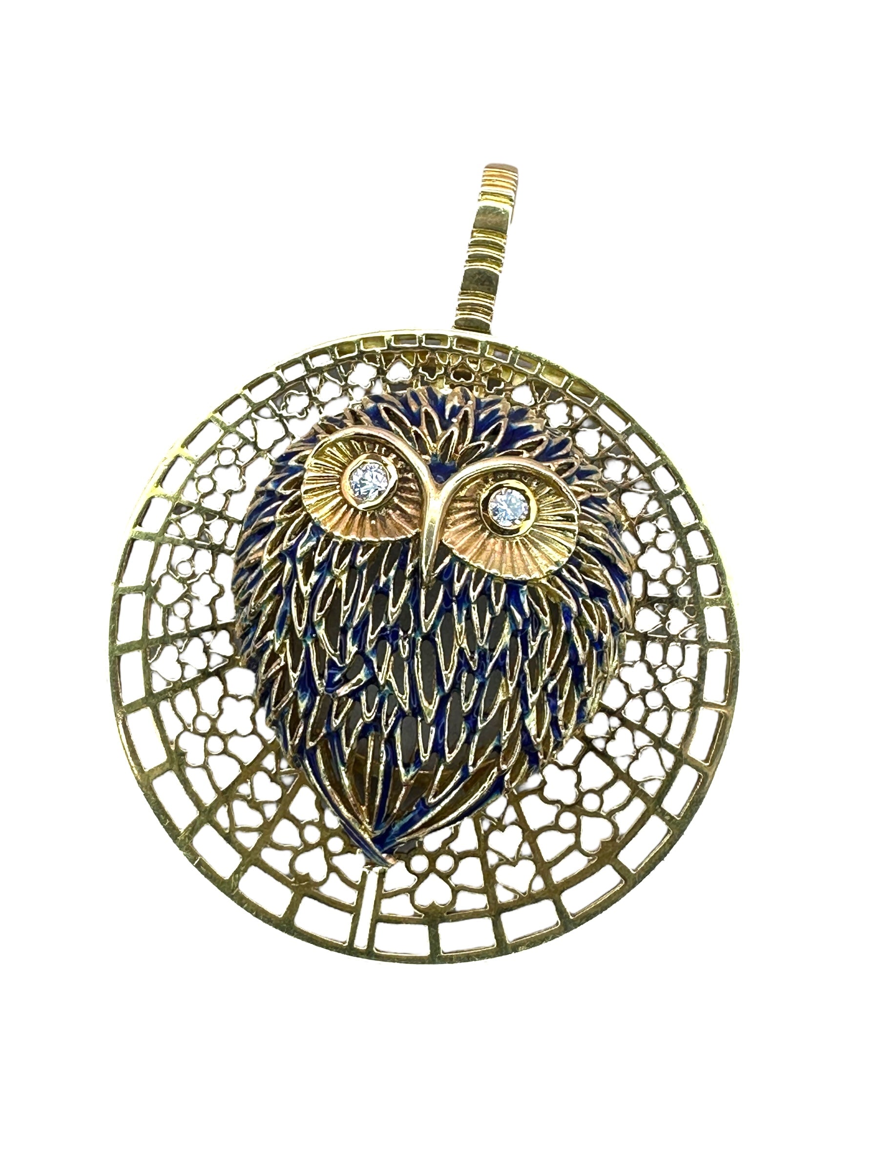 18k Peter Lindeman Enamel Diamond Owl Pendant