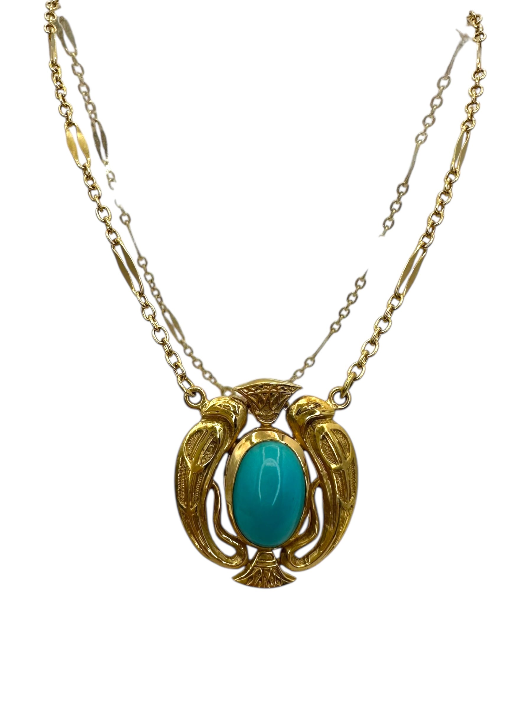 18k Turquoise Egyptian Bird Pendant Necklace