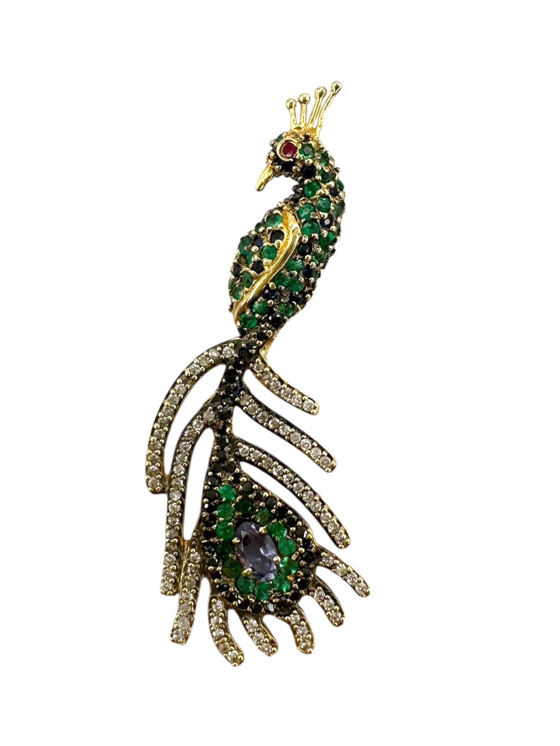 18k Sapphire Emerald Diamond Peacock Pendant