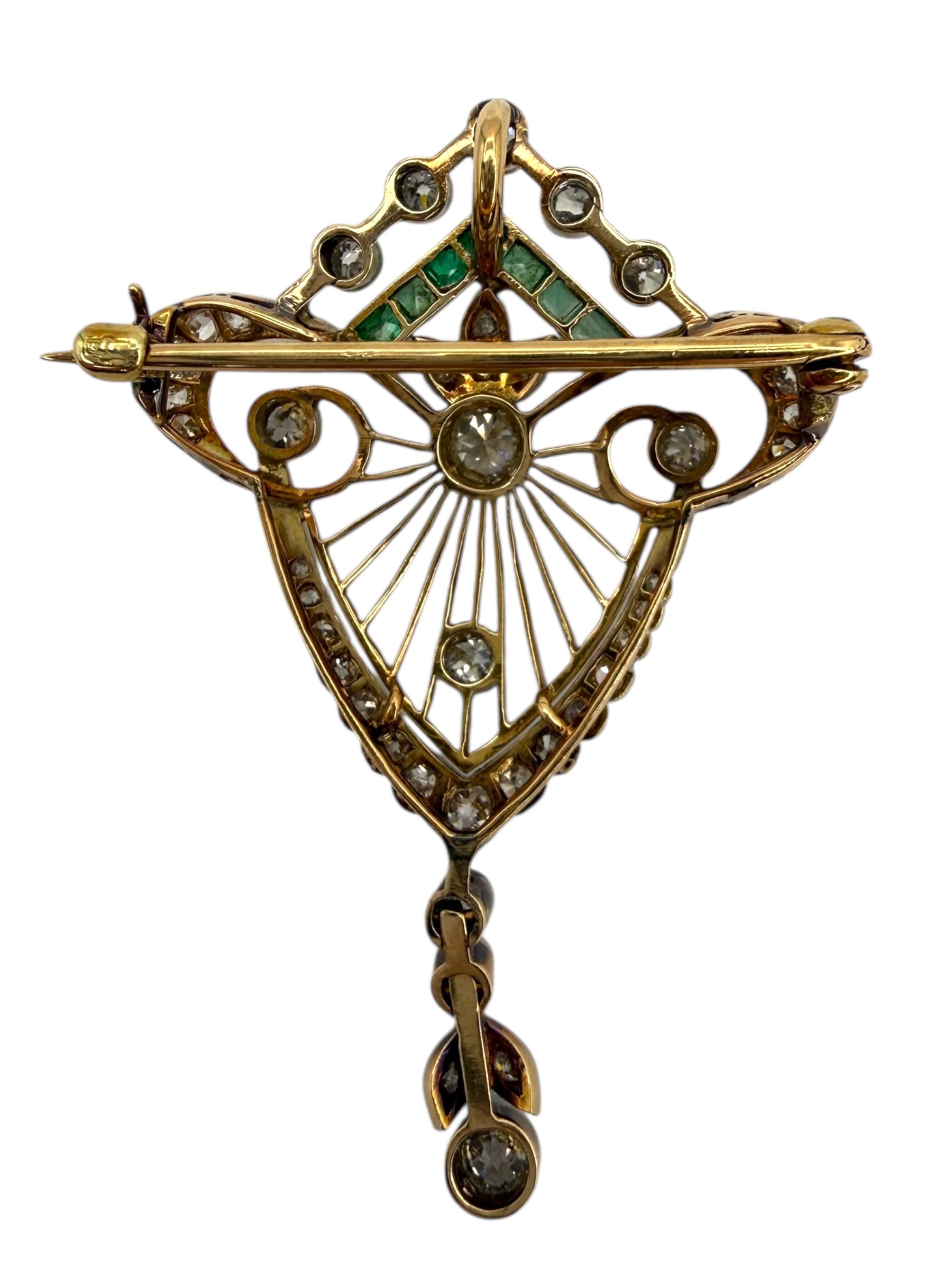 14k Palladium Edwardian Diamond Emerald Brooch