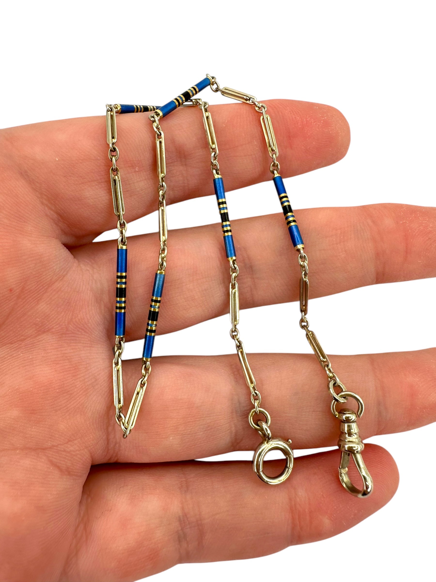 14k White Gold Blue Black Enamel Watch Chain