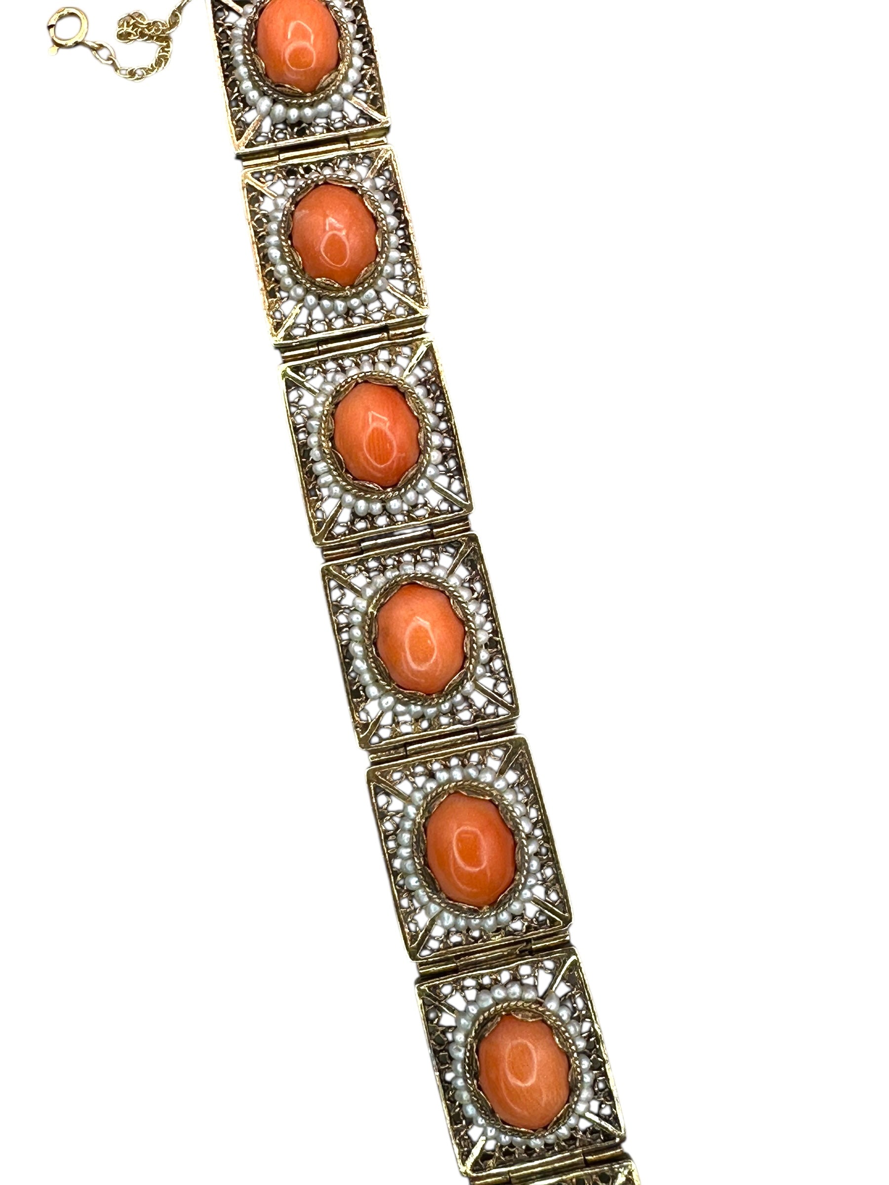 14k Coral Seed Pearl Filigree Bracelet