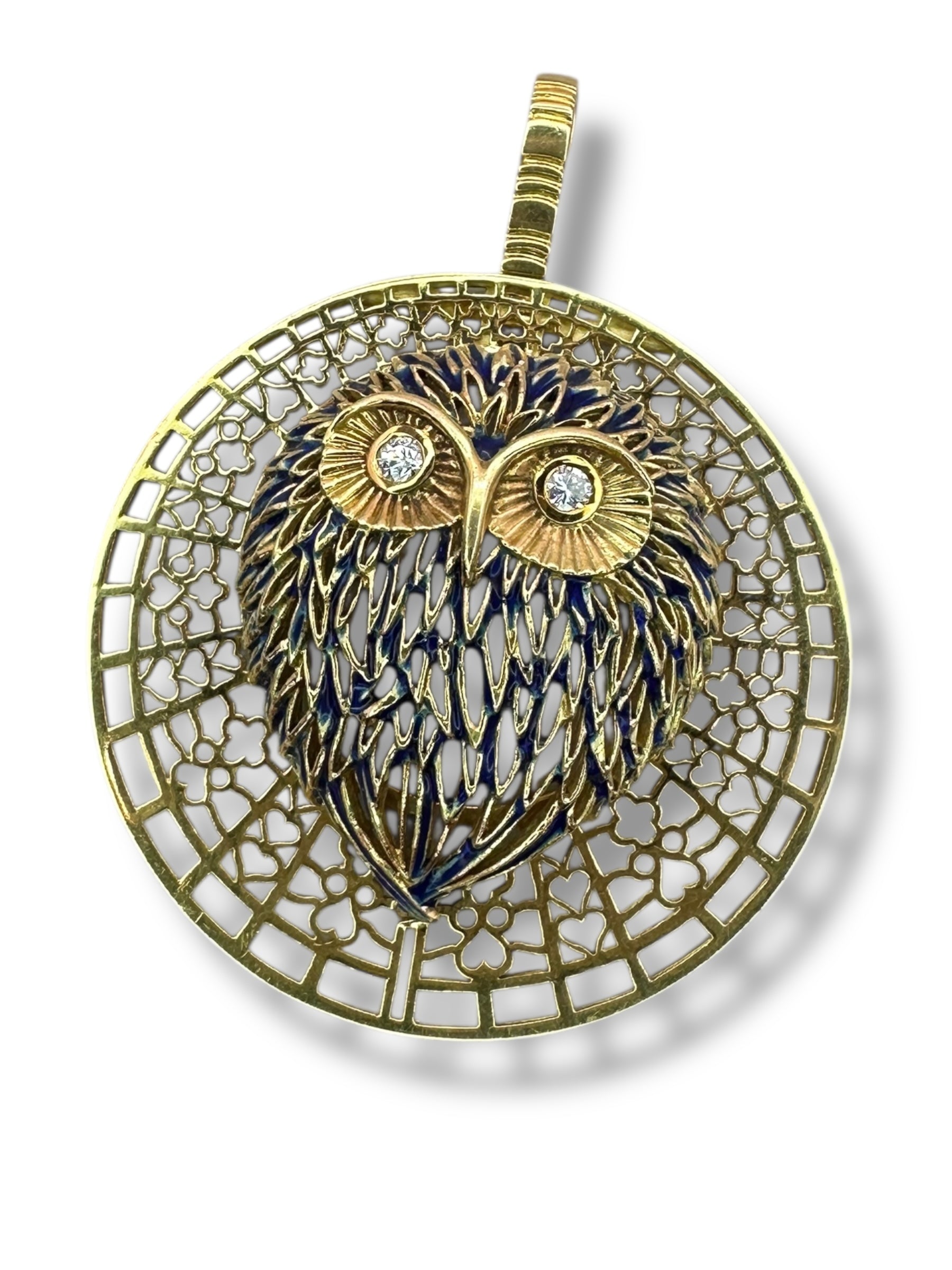 18k Peter Lindeman Enamel Diamond Owl Pendant