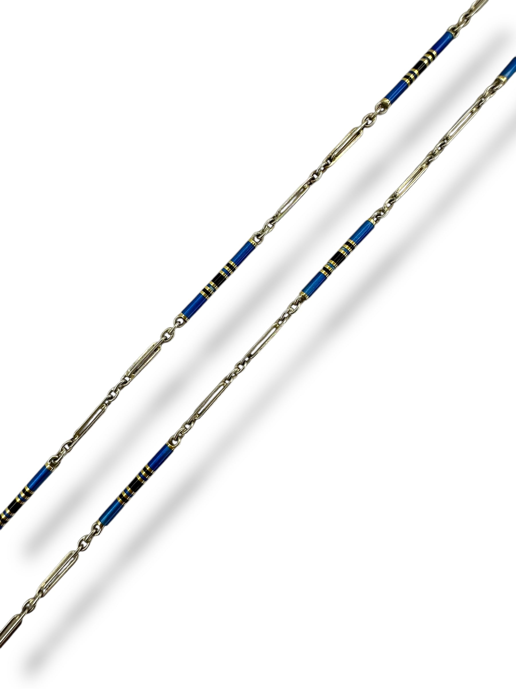 14k White Gold Blue Black Enamel Watch Chain
