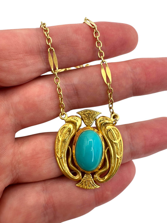18k Turquoise Egyptian Bird Pendant Necklace