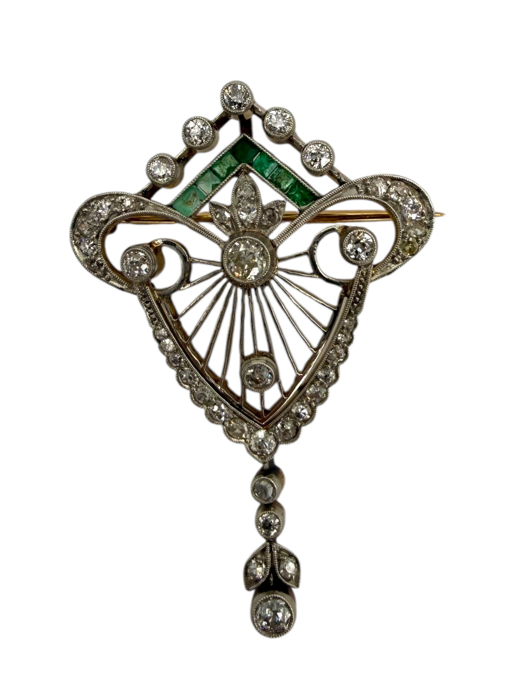 14k Palladium Edwardian Diamond Emerald Brooch