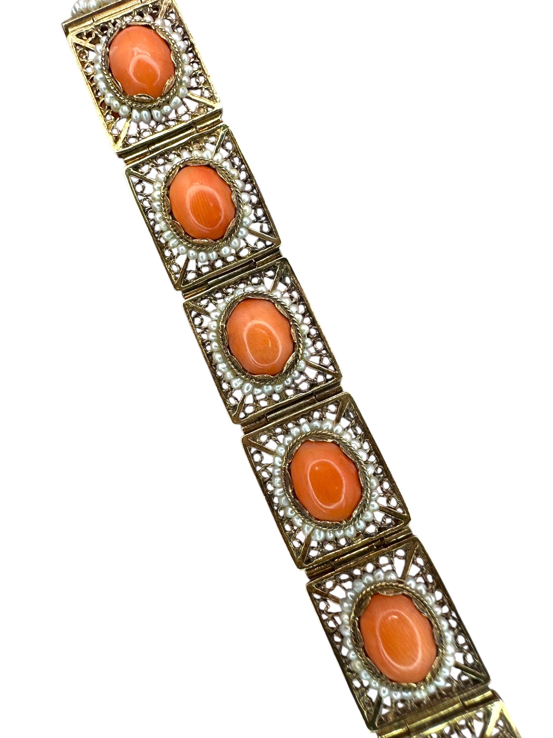 14k Coral Seed Pearl Filigree Bracelet