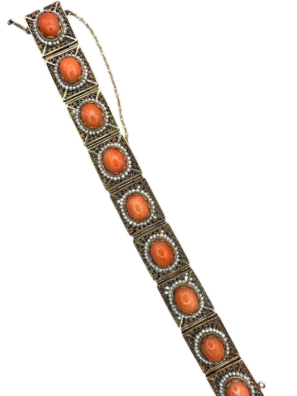 14k Coral Seed Pearl Filigree Bracelet